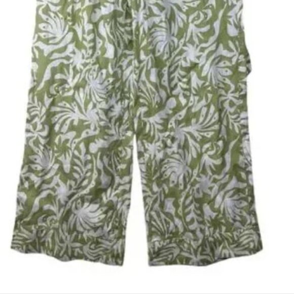 NWT Rachel Zoe  Women Linen Green White Leaves Wide Leg Cropped Pants Size M - Picture 2 of 4